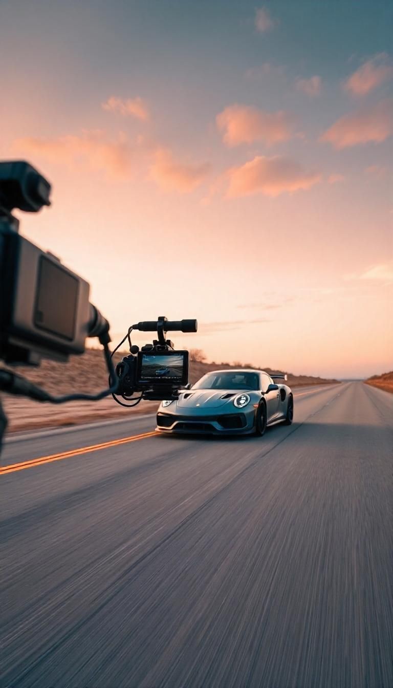 Sports car driving on an open road at sunset being filmed by a camera rig.