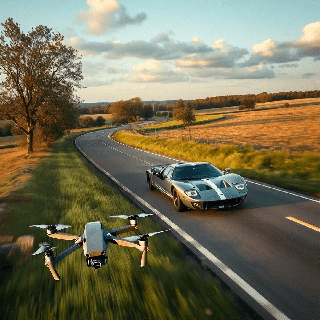 Drone flying above a vintage sports car on a scenic country road during sunset.