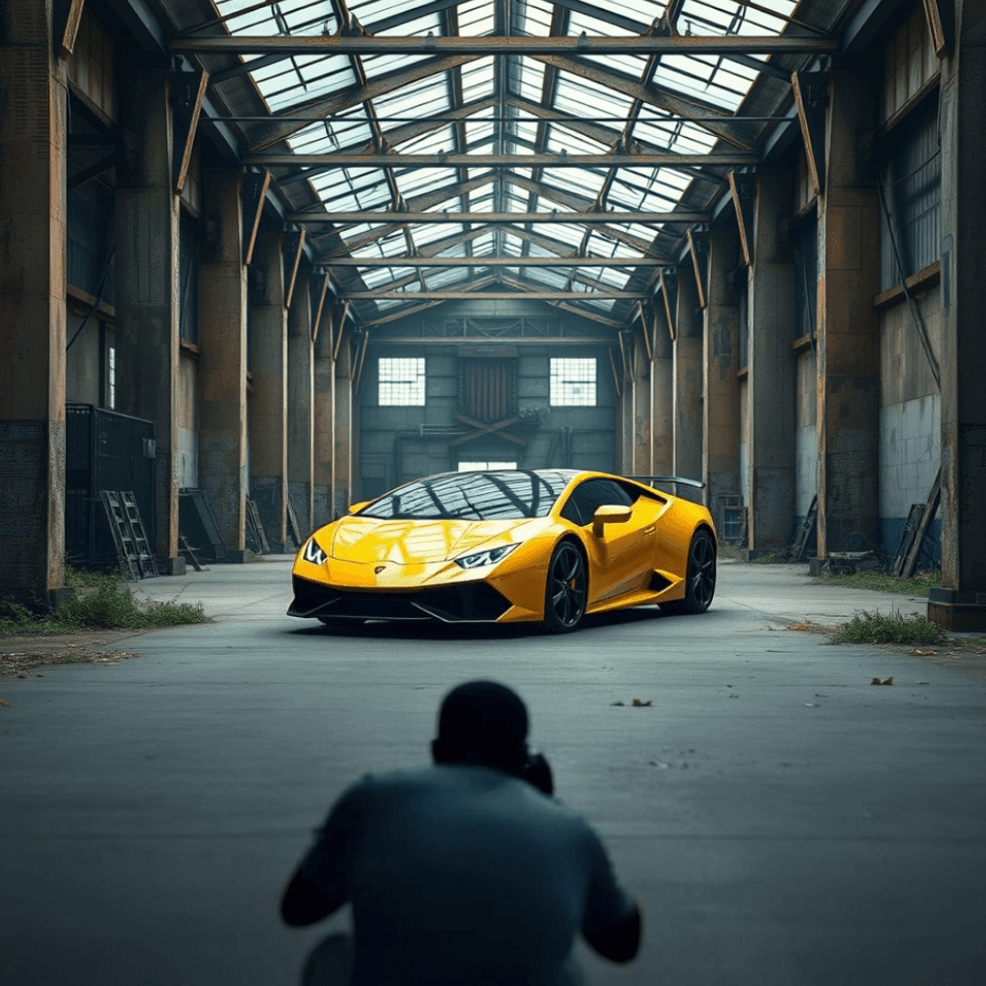 Photographer capturing a yellow sports car inside an empty warehouse with large windows and a high ceiling.