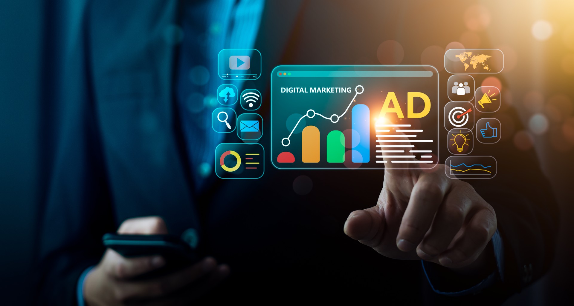 Concept de vente en ligne de commerce de marketing numérique, promotion de produits ou de services via le moteur de recherche de canaux numériques, les médias sociaux, le courrier électronique, le site Web, les stratégies et les objectifs de marketing